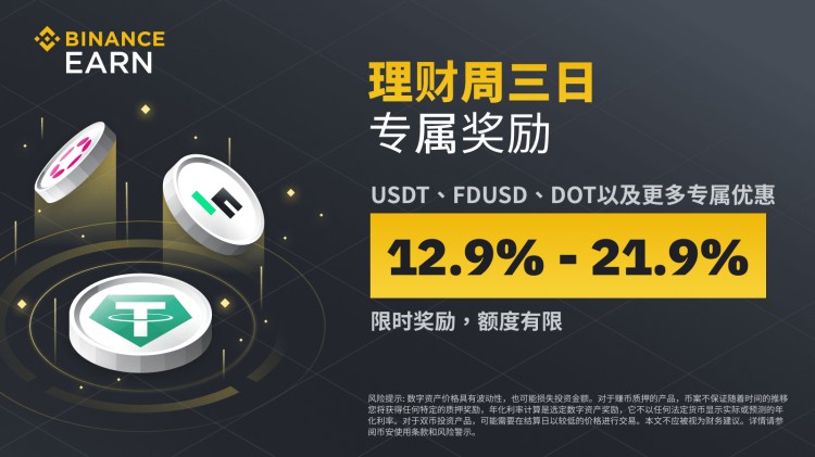 币安(Binance)周三理财日：USDT、FDUSD、DOT等专属奖励，年化收入最高21.9%(2