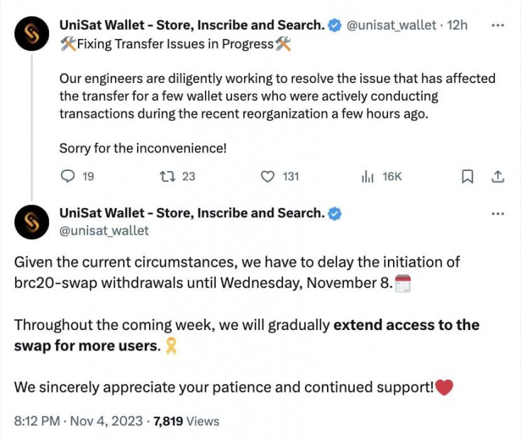 UniSat Wallet：brc20-swap 取款的启动时间将推迟到 11 月 8 日启动